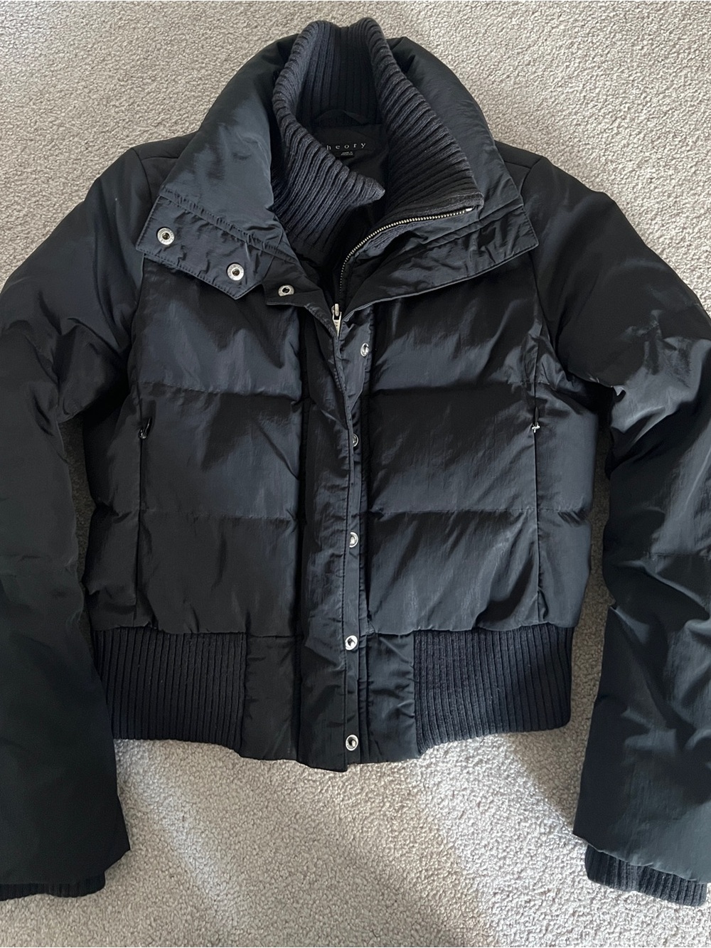 Theory Womens Petite Black Quilted Bomber Jacket Down Knit High Neck - Size P